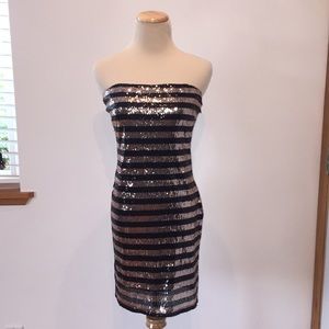 Striped sequin strapless bodycon dress